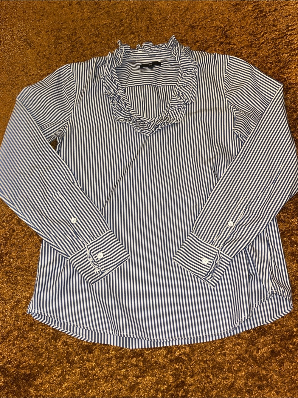 GAP Blue and White Striped Ruffle V-Neck Blouse